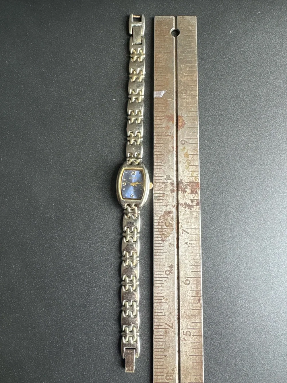Silver-Tone Women's Bracelet Watch with Blue Dial measurements shown non running